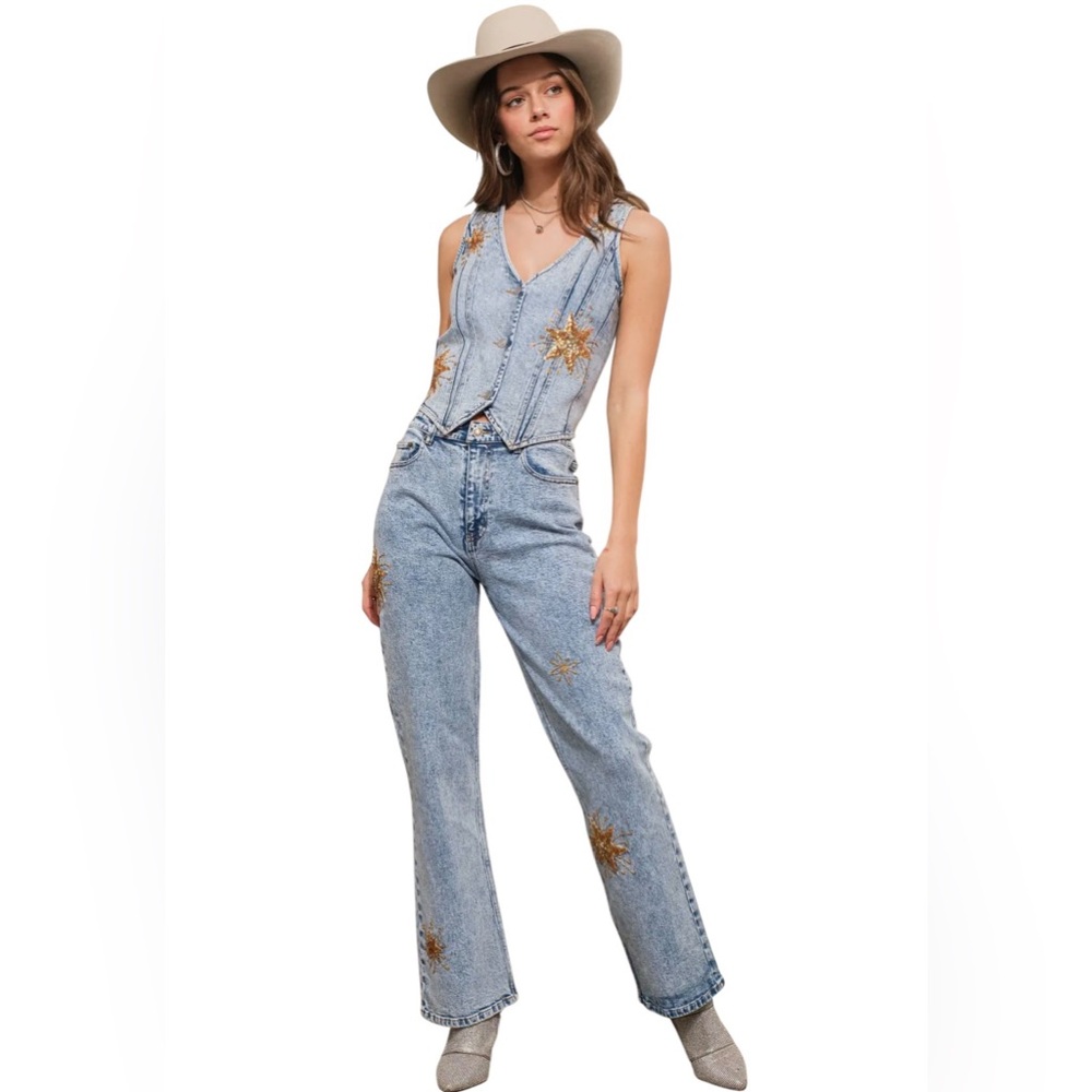 NEW blue b Light Wash Gold Sequin Star Embellished Denim Mid-Rise Stretch Jeans